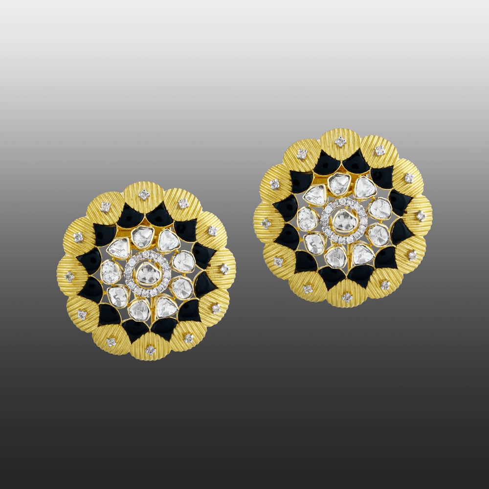 Floral-Inspired Earrings with Uncut Diamonds and Black Enamel